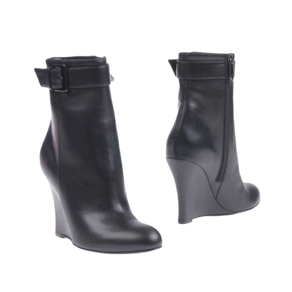 Italian Calfskin Leather Ankle Wedge Boots (Black)